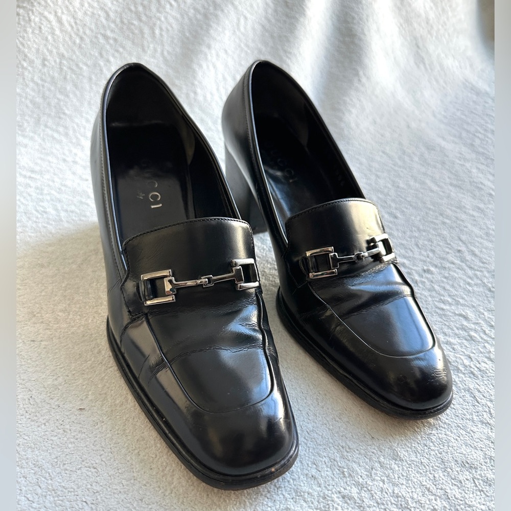 Vintage Gucci Horsebit Loafer Chunky Heel Black Leather Womens 6.5 - Picture 3 of 12